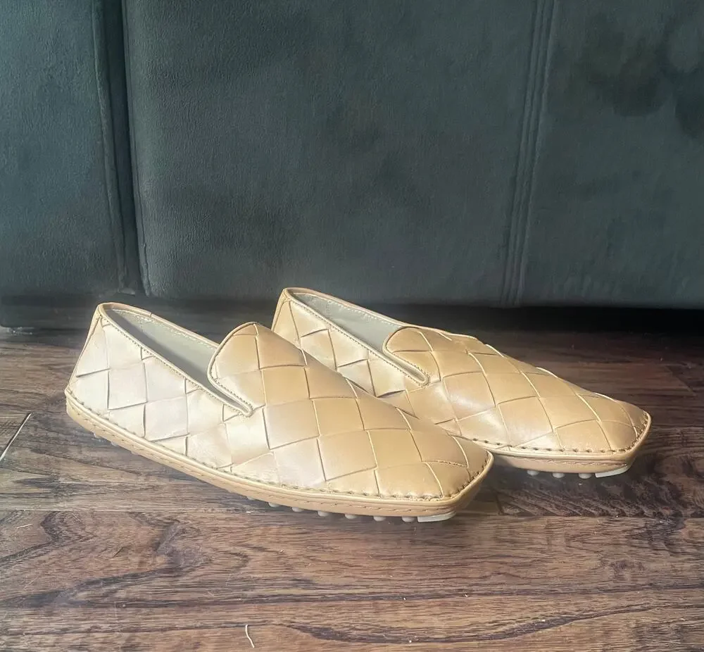 $995 NIB Bottega Veneta Men's Woven Leather Driving Loafers Camel 7.5(40.5)